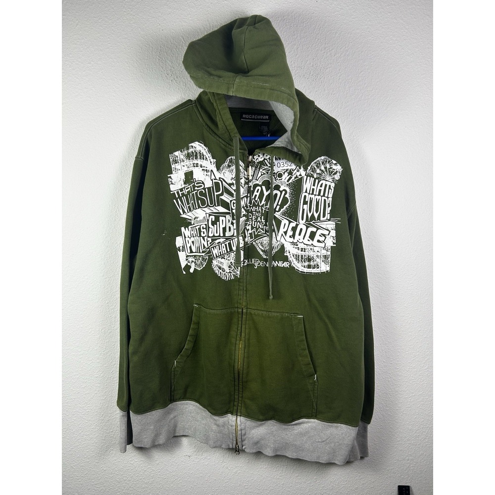 Vintage Y2K Rocawear Hoodie Full‎ Zip Green Sweater Men's  Sweatshirt XL